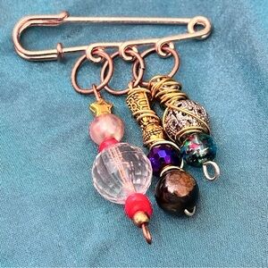 Safety Pin With Charms Brooch With Handmade Glass Beaded Charms Dangles 4370 B